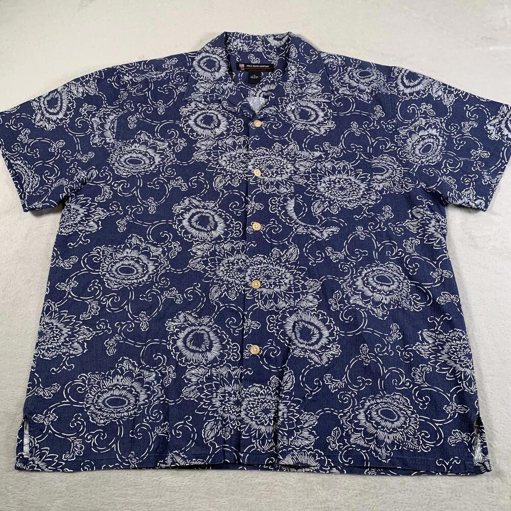 Polo Jeans Company Ralph Lauren Shirt Mens Medium Blue‎ Floral Hawaiian Cotton